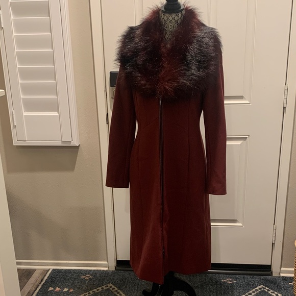 White House Black Market Jackets & Blazers - Elegant Burgundy Coat with Faux Fur Collar